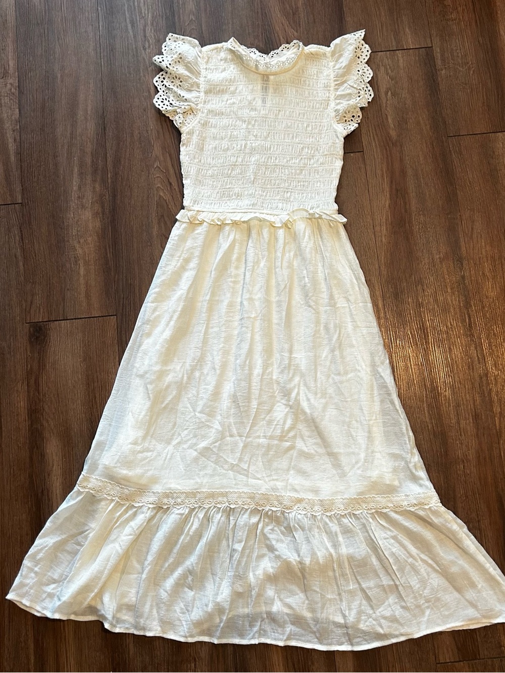 By the River Smocked Maxi Dress White Boho Festival Cottagecore S